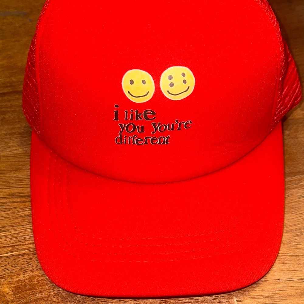SHEIN Bright Red Trucker Hat with Smiley Design